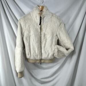 Vintage Women's White Rabbit Fur Zip Up Bomber Jacket (Size XS)